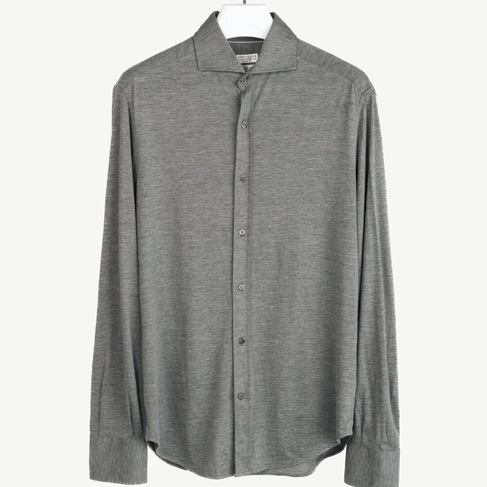 Brunello Cucinelli Dark Grey Silk & Cotton Jersey Button-Up Basic Fit Shirt